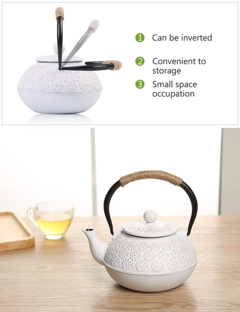 Sotya Cast Iron Teapot, 40oz/1200ml Japanese Tetsubin Tea Pot with Infuser for Loose Leaf and Tea Bags, Tea Kettle Coated with Enameled Interior for Stove Top, White - Image 4